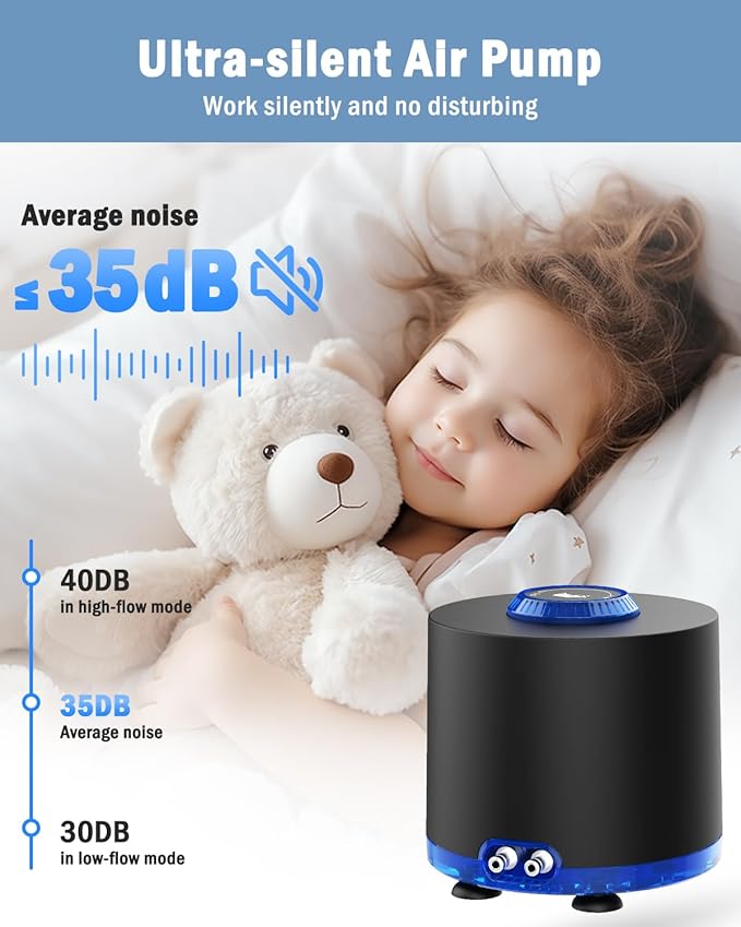 AQQA Aquarium Air Pump, Quiet Powerful Fish Tank Air Pump 3W/6W/10W with Stainless Steel Dual Outlet, Adjustable Oxygen Aerator Pump with Air Stone Bubbler for Fish Tank Up to 200 Gallon 6W (Tubby)