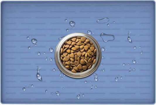 24" x 16" Dog Food Mat, Silicone Pet Mats for Food and Water, Nonslip Pet Feeding Mats for Floors, Dog Cat Bowl Mat with Raised Edges, Lake Blue