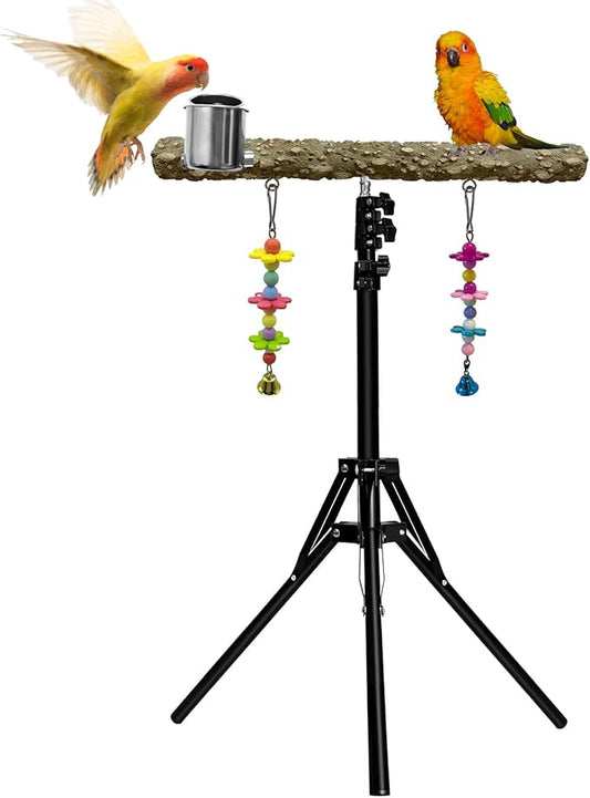 16-63 Inch Height Adjustable Bird Perch Pepper Wood Parrot Training Perch Stand with Feeding Cups and Swing Toy Parakeet Perches Indoor and Outdoor Parrot Stands for Small to Medium Bird