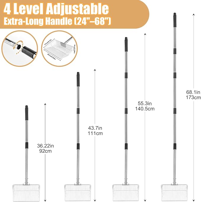 Chicken Poop Scooper with Stainless Steel Handle,24" to 68" Adjustable Length Chicken Coop Litter Scoop,4 in 1 Multifunctional Heavy Duty Litter Sifting Shovel Chicken Coop Accessories