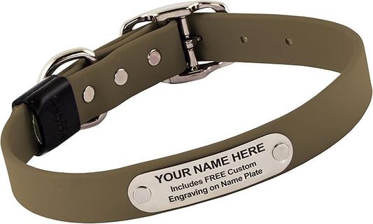 Biothane Custom Dog Collar – Waterproof, Stink-Proof Personalized Collar with Name & Phone Number – Durable, Many Sizes and Colors – Assembled in USA (Olive Green)