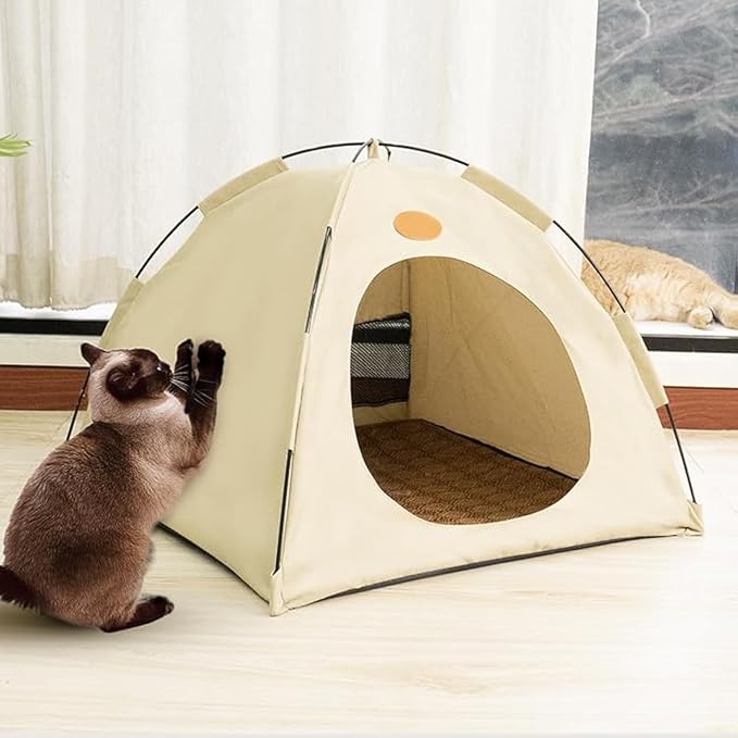 BreezyDen Pop-Up Pet Tent – Portable Indoor/Outdoor Cat Tent, Waterproof Pet Hideaway for Cats & Small Dogs with Mesh Window, Anti-Slip Base & Washable Design (White, L (15 catties Kitten))