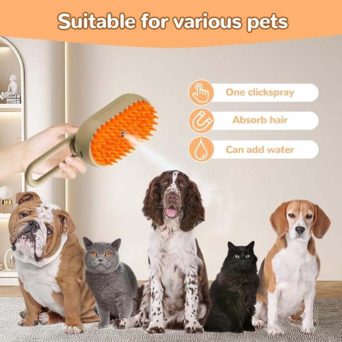 Cat Steam Brush, New 3 in 1 Pet Steam Groomer Brush, Rechargeable Pets Steam Groomer Comb for Massaging and Cleaning Shedding Pet Hair, Multifunctional Hair Removal Comb Cats and Dogs (Khaki+White)