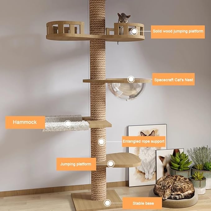 Cat Tree Floor to Ceiling,Cat Tree Height Adjustable from Floor to Ceiling（92“-114”）, Tall Climbing Tree, Equipped with Scraping Pillars, Comfortable Bed, Observation Deck, Space Capsule