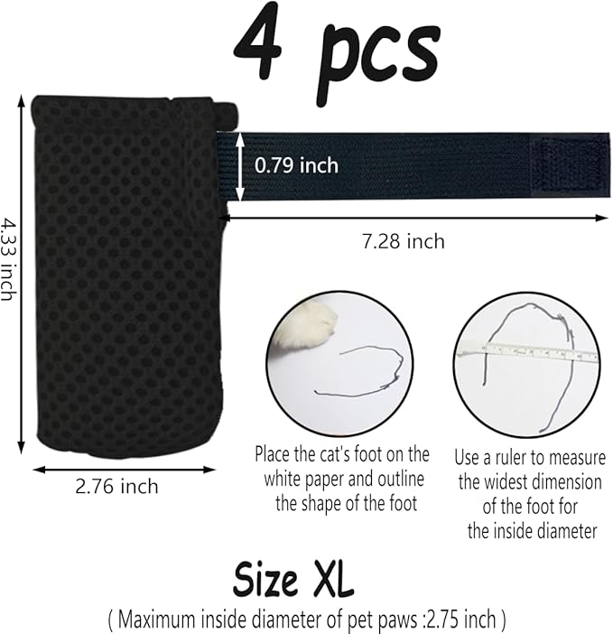 4 PCS Cat Mittens to Prevent Scratching,Mesh Breathable Cat Shoes,Adjustable Cats Anti Scratch Gloves,Suitable for Cats When Bathing and Nail Trimming(XL,Black)