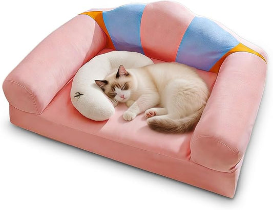 Cute Cat Couch with Soft Pillow, Supportive Dog Couch, Cat Sofa with Removable Cover，Cute Rainbow Shaped, 24 Inch