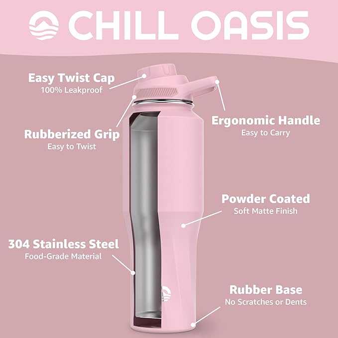 Chill Oasis Water Bottle | Compatible With Popular Flavor Cartridges | BPA Free, Leak Proof, Double-Walled Vacuum Insulated Stainless Steel, and Dishwasher Safe | Cold for 24 Hours (Pink, 32oz)