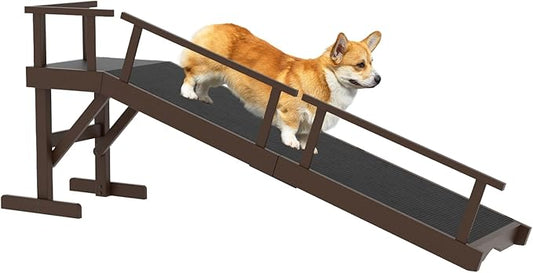 61" Dog Ramp for Bed, Pet Ramp with Removable Side Rail and Non-Slip Surface, Pet Ramp for Small & Large & Senior Dogs with Rest Platform and DIY Glow Strips,Dog Stairs for Couch, Brown