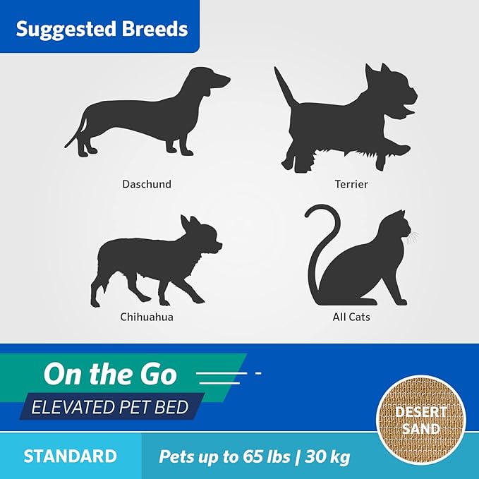 Coolaroo On-The-Go Elevated Dog Bed - Foldable Pop-Up Travel Dog Bed with Breathable, Moisture-Resistant Fabric, Carry Bag Included, Lightweight & Portable, Desert Sand, Standard