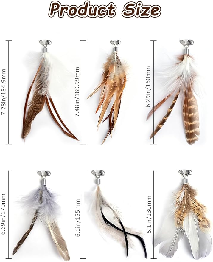Cat Feather Toys Refills Cat Wand Replacement Feathers 6 PCS Handmade Cat Toy Feather Refills for Cat Wand Attachments Interactive Feather Cat Toy for Indoor Cats