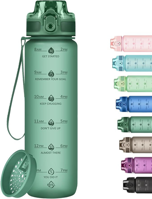 32oz Motivational Water Bottles with Time Marker & Fruit Strainer, Transparent Gradient Color Water Bottle with Times to Drink, Leakproof & BPA Free, Reusable Bottle with Strap (No Straw)