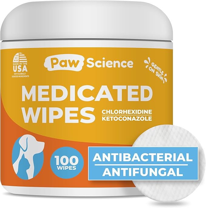 Antibacterial & Antifungal Medicated Wipes for Dogs and Cats – 100 Count - Chlorhexidine Wipes with Ketoconazole for The Treatment of Rashes, Skin Infections, Itchy Paws, and Pet Acne