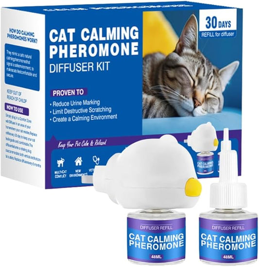 Cat Calming Diffuser Kit for Cat Anxiety Relief, 3-in-1 Cat Pheromone Diffuser Kit with 1 Diffuser +2 Refill 48ml Vial for 60-Day Use, Reduces Separation Anxiety, Aggression, and Stress