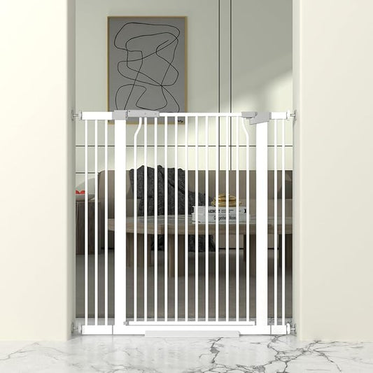 41" Extra Tall Baby Gate for Doorway, 32.6-40.5'' Metal Pet Baby Safe Gate, Extra Wide Pressure Mounted Child Door with Expansion Kit, No Drilling Cat Fence Indoor, No Climb Cat Proof Gate, White