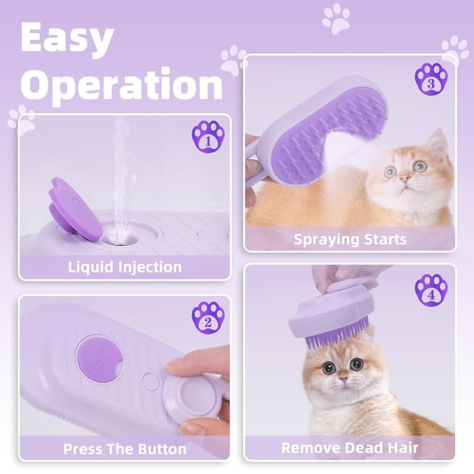 4-in-1 Rechargeable Anti-Dandruff Pet Steam Brush — brush for sheddingCats & Dogs,pet hair removal tool. Integrating functions of massage,clean, hair grooming and anti-static (purple)