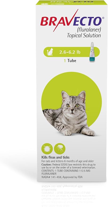 BRAVECTO Topical Solution for Cats, Flea & Tick, 12 Week Supply, 2.6-6.2 lbs., Green Box