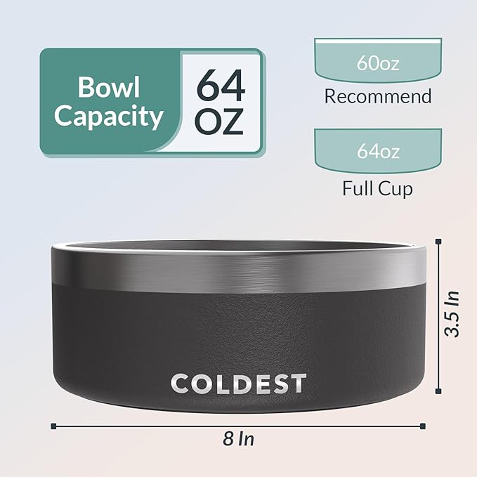 Coldest Dog Bowl - Anti Rust Metal, Non Slip, 3 Layers Insulated Stainless Steel Dog Bowls - Spill Proof & Heavy Duty - Water Bowl for Dogs, Cats & Pets, Dish Washer Safe (64 oz, Stealth Black)
