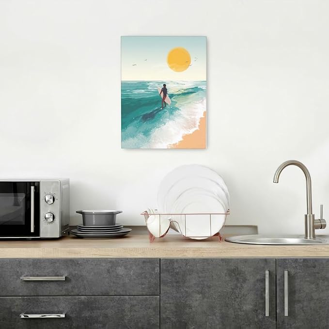 Beach Surfing Wall Art Ocean Coastal Wave Canvas Wall Decor Summer Nature Seascape Pictures Painting Print Framed Artwork Decorations for Bathroom Living Room Office Bedroom 12"x16"