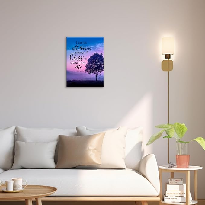 Christian Tree Wall Art I Can Do All Things Canvas Wall Decor Prints Framed Painting Purple Pictures Gifts Artwork for Bathroom Bedroom 12"x16"