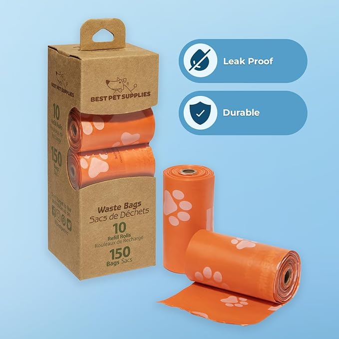 Best Pet Supplies Dog Poop Bags (150 Bags) for Waste Refuse Cleanup, Doggy Roll Replacements for Outdoor Puppy Walking and Travel, Leak Proof and Tear Resistant, Thick Plastic - Orange