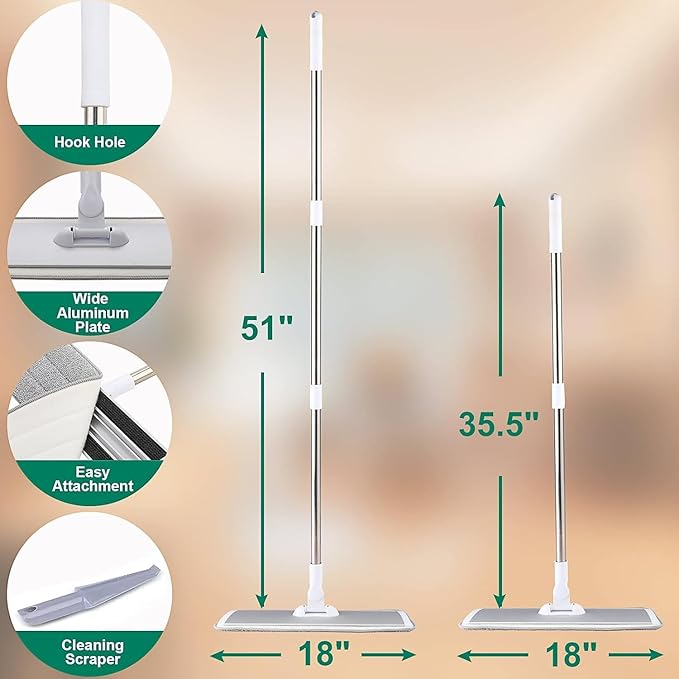 18" Professional Microfiber Mop Floor Cleaning System, Flat Mops with Stainless Steel Handle, 4 Reusable Washable Mop Pads, Wet and Dust Mopping for Hardwood, Vinyl, Laminate, Tile Cleaning (White)