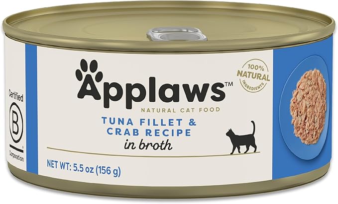 Applaws Natural Wet Cat Food in Broth, Limited Ingredient Canned Wet Cat Food, No Additives, Made with Natural Ingredients, Tuna Fillet & Crab in Broth (24 x 5.5oz Cans)