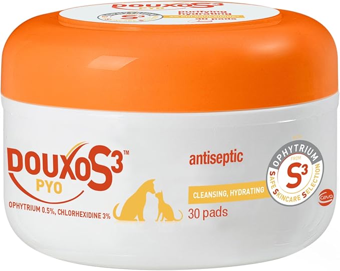 Douxo S3 Pyo Pads, Contains 3% Chlorhexidine & 0.5% Ophytrium, Antiseptic & Hydrating, For Bacterial or Yeast Skin Infections, For Dogs and Cats, 30 Pads