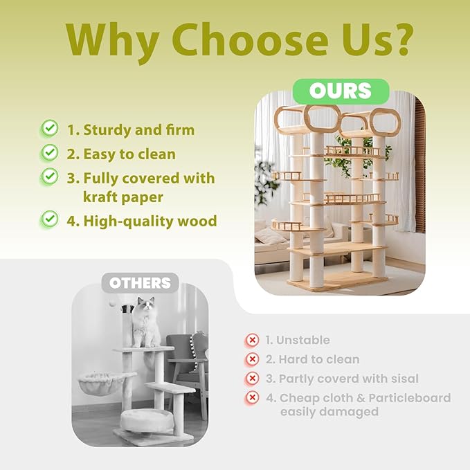 76.8'' Modern Cat Tree, Tall Cat Tower for Indoor Cats, Pine Wood Climb Tower with 2 Removable Mats, Heavy Duty Cat Furniture with Fully Wrapped Scratching Post, Huge Cat Condo for Multi-Cat Families