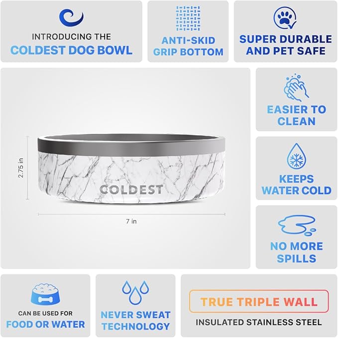 Coldest Dog Bowl - Anti Rust Metal & Non Slip Dog Bowls Large, Spill Proof Heavy Duty 3 Layers Insulated Dog Bowl - Food and Water Bowl for Dogs, Cats & Pets, Dishwasher Safe (42 oz, Carrara Marble)