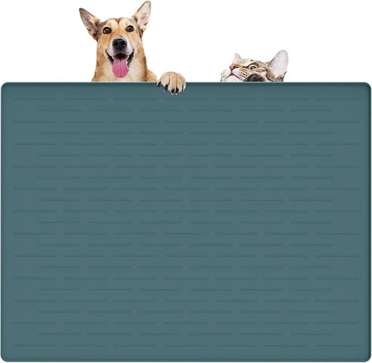 32" x 24" Large Pet Food Mat, Silicone Dog Mats for Food and Water, Nonslip Pet Feeding Mats for Floors,Dog Cat Bowl Mat with Raised Edges, Dark Green