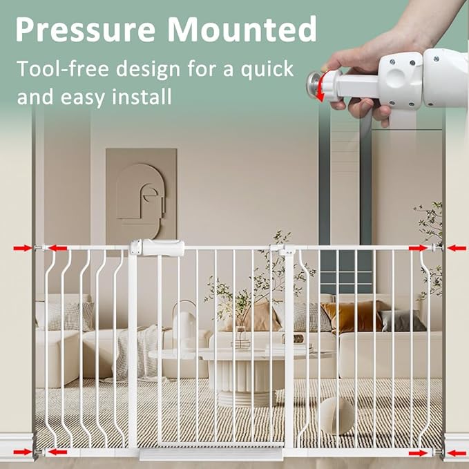 57.5"-62" Extra Wide Auto Closing Baby Safety Gate for Stairs & Doorways, Pressure Mounted No Drill Pet Gate with Walk-Through Door - Heavy Duty Childproof Gate for Toddlers, Kids, Dogs (White)