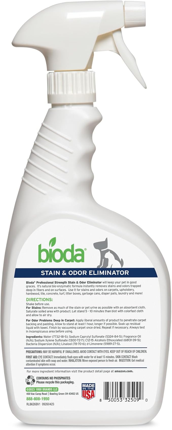 Bioda Commercial Strength Enzymatic Stain & Odor Eliminator for Pets | Industrial-Grade Formula Removes Dog and Cat Urine | USA Made Carpet Spot Cleaner | 32oz Sprayer