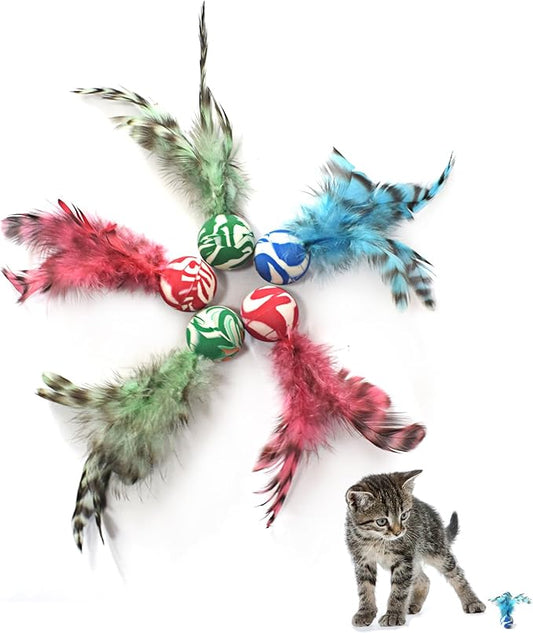 Cat Toy Balls, 5 PCS Colorful Feather Bouncy Balls for Cats No Noise Interactive Kitten Toys Cat Exercise Ball, Safe for Your Kitty (C)