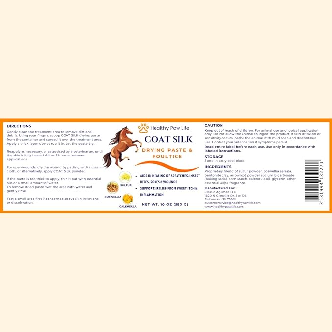 Coat Silk Drying Paste & Poultice for Horses – Natural Relief for Wounds, Scratches, Sores & Sweet Itch – Enriched with Sulfur, Boswellia & Calendula – 10 oz