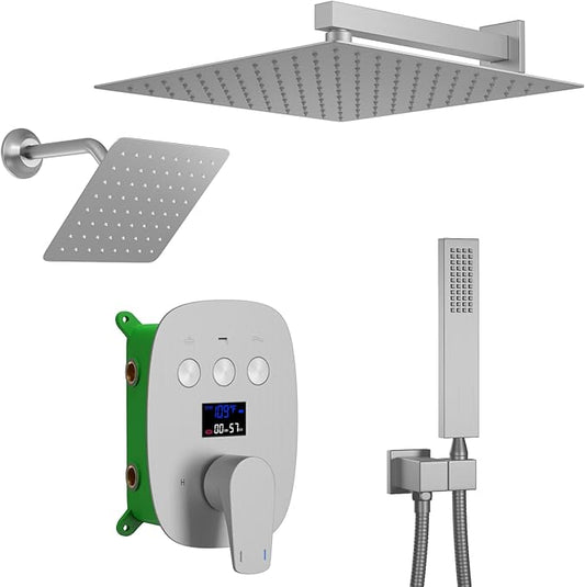 Brushed Nickel Shower System Set Temperature Display Push Button Shower Faucet with 12 inch and 8 inch Wall Mount Full Body Shower Head and Handheld Shower