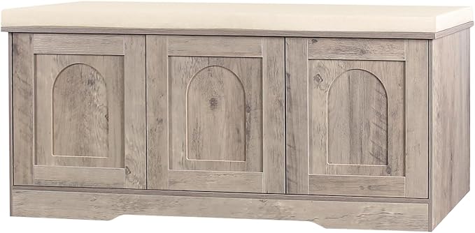 DINZI LVJ Shoe Bench, Entryway Storage Bench with Doors, Cushion, 2-Tier Shoe Rack with 6-Cubby, 39.4”L x 13.8”W Shoe Organizer Cabinet, Adjustable Shelf, Living Room, Bedroom, Greige