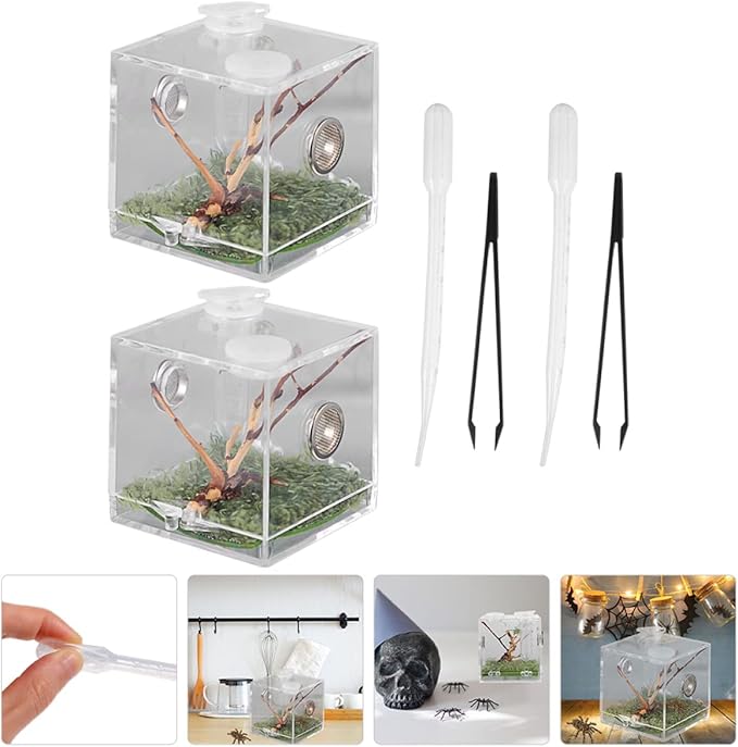 balacoo 8 Sets Jumping Spider Enclosure: Spider Cage Habitat Jumping Terrarium Micro Scorpion Droppers Reptile Hide Clear Enclosure Breeding Box Case with Breeding Tweezers