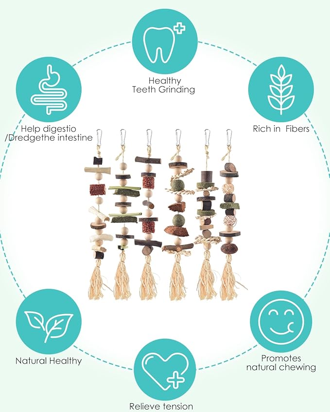 6PCS Bunny Chew Toys, Hamster Rabbit Cage Hanging Chew Toys, Natural Apple Wood Bunnies Treats, Improve Small Animal Teeth Health for Guinea Pig Chinchilla Ferret Rats Gerbil