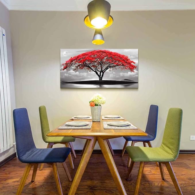 canvas wall art for living room bathroom Wall Decor Black and white landscape red tree moon scenery Hang painting Home Decorations for office bedroom kitchen Works canvas Prints pictures 24" x 48"inch