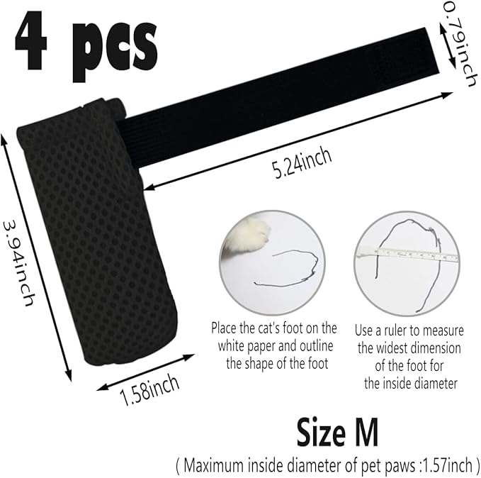 4 PCS Cat Mittens to Prevent Scratching,Mesh Breathable Cat Shoes,Adjustable Cats Anti Scratch Gloves,Suitable for Cats When Bathing and Nail Trimming(M,Black)