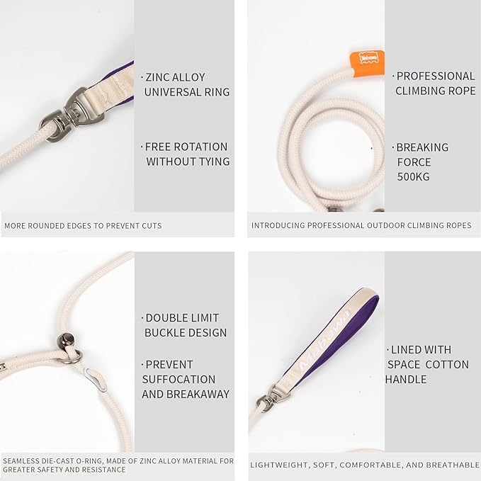 Dog Anti-Slip Leash 5FT with Metal Stopper - Durable No-Pull Training Lead for Small, Medium & Large Dogs - Comfortable Handle Nylon Rope, Tangle-Free Pet Walking Leash (Beige, 5 FT)