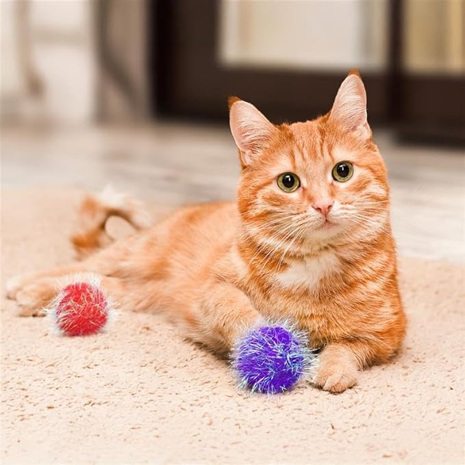 30 Pieces 1.6 inches Sparkle Pom Pom Balls for Cat - Interactive Glitter Balls, Multicolor, Best as Kitten Play Toys