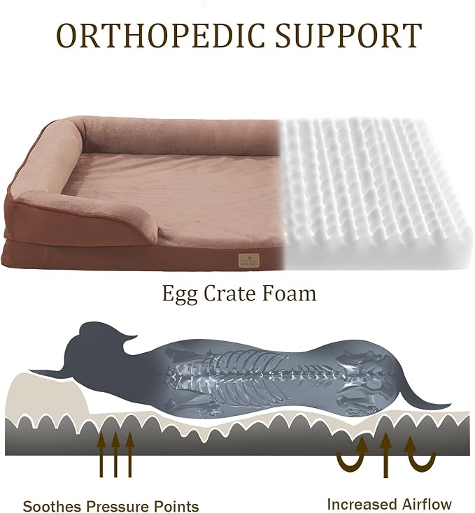 Bedfolks Orthopedic Dog Bed, Waterproof Dog Sofa Bed for Extra Large Dogs, Egg Foam Pet Couch Bed with Removable Washable Cover and Nonslip Bottom, Brown