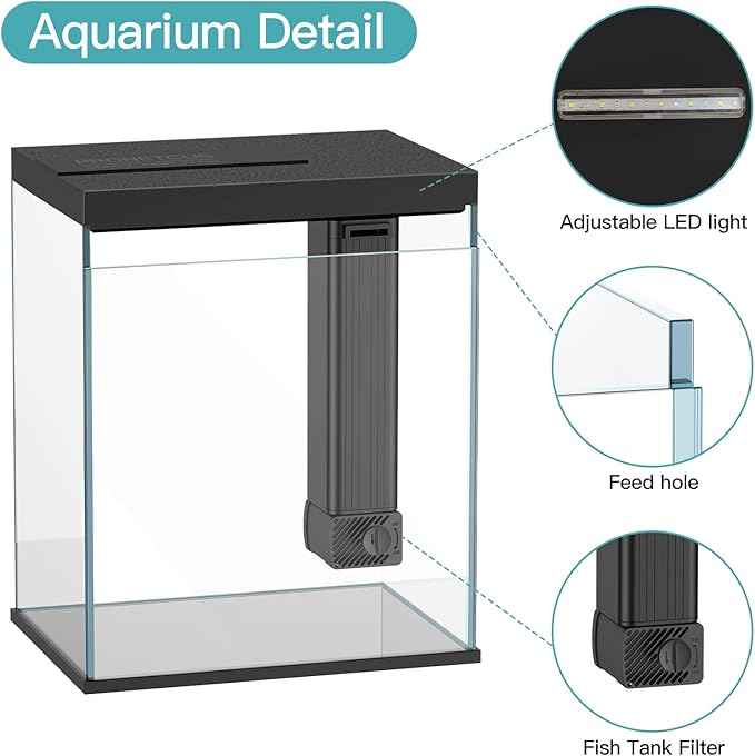 Betta Fish Tank, 2 Gallon Glass Aquarium Starter Kit, Small Fish Tank with Filter and Light.(Black)
