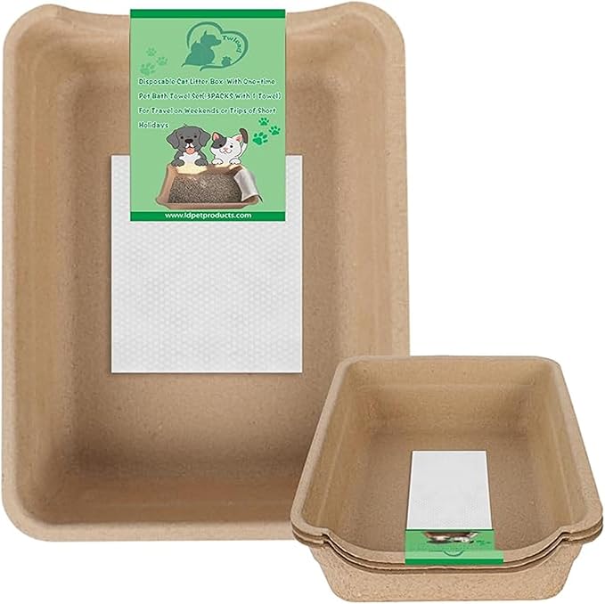 Disposable Litter Boxes for Cats, Low Entry Paper Litter Box, Paper Cat Litter Tray with One-time Pet Bath Towel Set （3PACKS with 1 Towel） for Travel on Weekends or Trips of Short Holidays