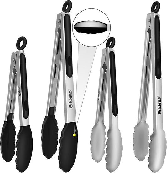4 Pack Tongs For Cooking, Heat Resistant 600 Degrees 9",12" Stainless Steel Locking Metal Tong & 9",12" Kitchen Tongs with Silicone Tips, Non-Slip Food Silicone Tong, Heavy Duty, Non-Stick