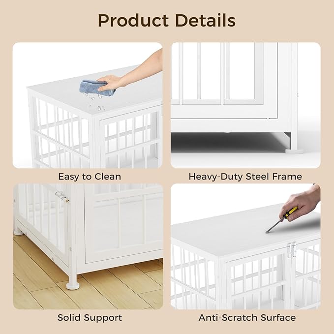 38 Inch Heavy Duty Wooden Dog Kennel End Table with Double Door Design and Secure Locks, Indoor Pet Crate Furniture for Medium Dogs, Decorative Home Cage Design,White