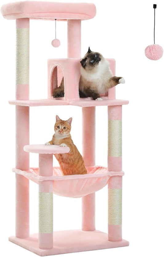 Cat Tree for Large Cats Adult with Metal Plush Big Hammock, 56.3" Cat Tower with 2 Door Condo House, 6-Tier Cat Shelves with Scratching Posts and Large Top Perch, Light Pink