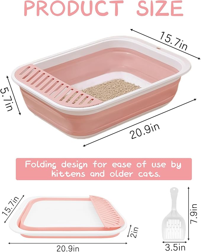 BNOSDM Senior Cat Litter Box Low Entry Kittens Travel Litter Box with Scoop Open Collapsible Shallow Cats Potty Pan Foldable Pet Toilet for Sick Disabled Older Elderly Cats Pink