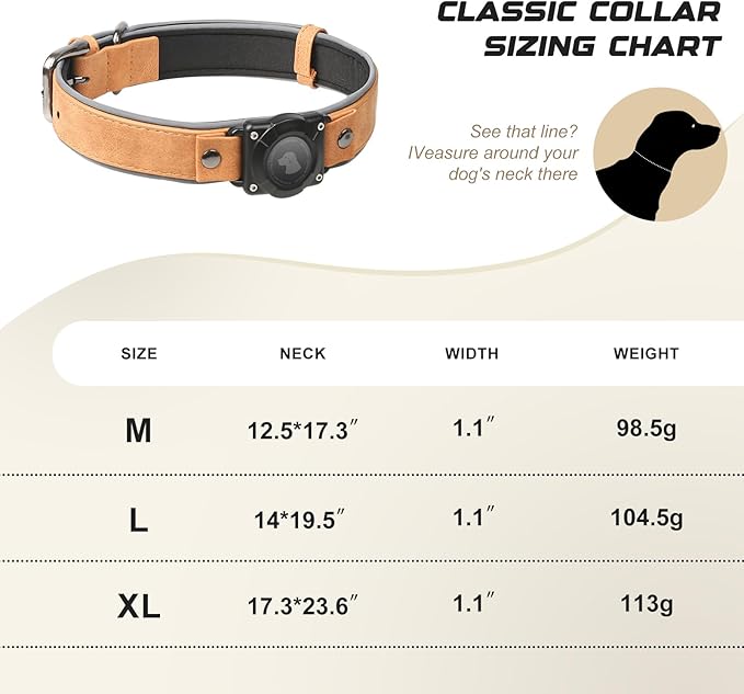 AirTag Dog Collar - Leather Dog Collar with Air Tag Holder | IPX8 Waterproof, Reflective, High - End, Adjustable Soft Padded | Dog GPS Tracker Collars Fit for Medium Large Dogs (Light Brown, M)